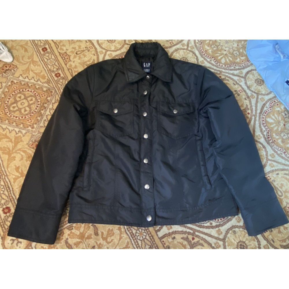 Gap Womens Jacket Small S Black Insulated Soft Nylon Collared Classic Zip Up EUC